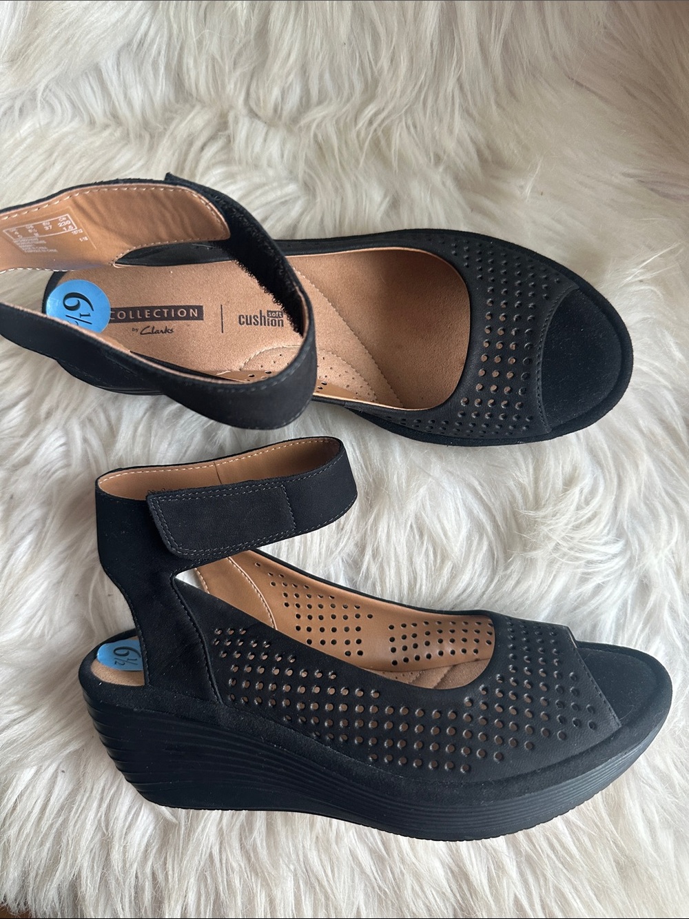 Clarks Black Perforated Ankle-Strap Wedge Sandals